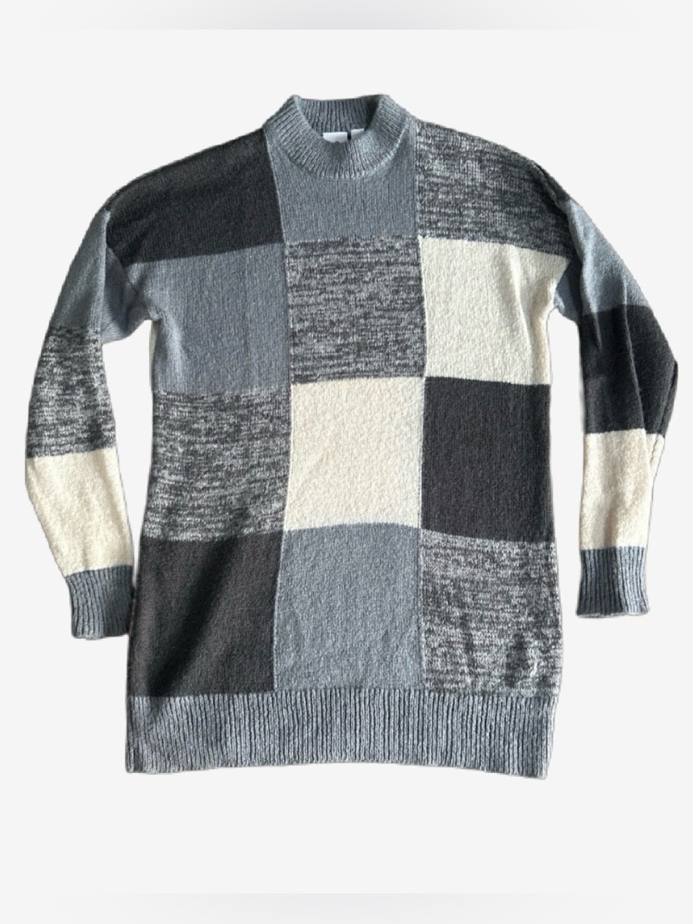 Geometric mock Turtleneck Tunic Sweater - Gray & Cream